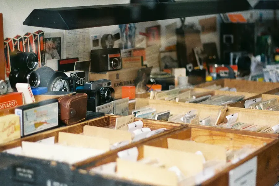 Vintage cameras, records, and small collectibles for browsing