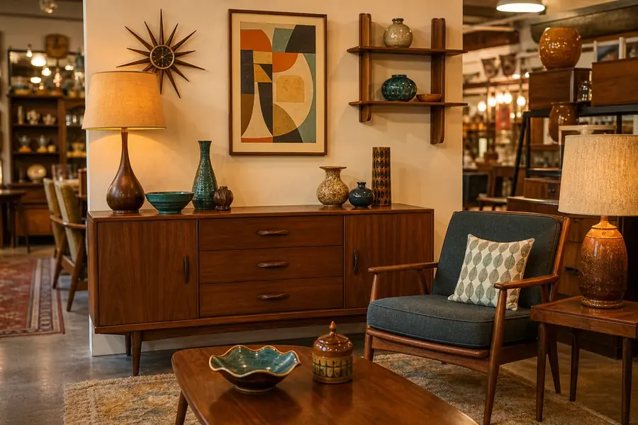 Mid-century modern credenza, lounge chair, lamps, ceramics, and retro wall art