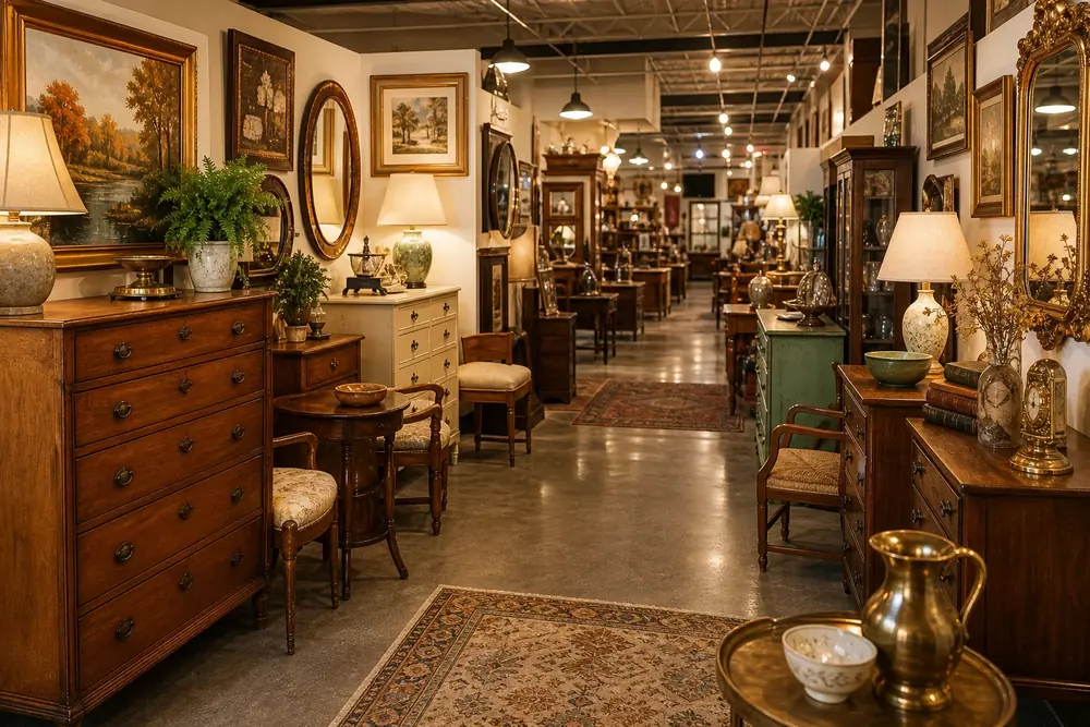 Bright antique furniture aisle with dressers, mirrors, lamps, and decor