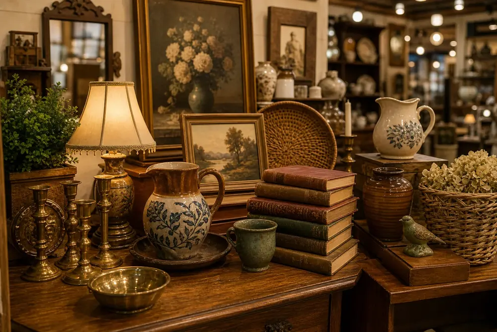 Curated vintage display with books, pottery, brass, framed art, and decor